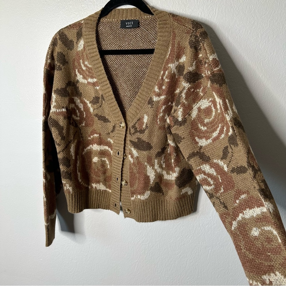VICI Rose Floral Pattern V-Neck Button Cardigan Sweater